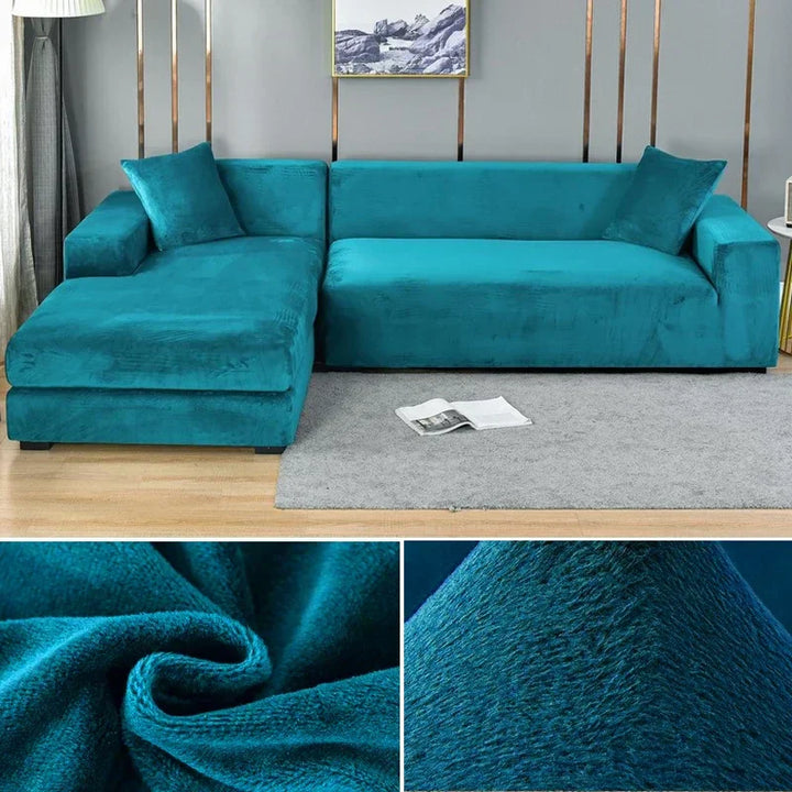 Luxuriöser stretchbarer Samt Sofabezug in Dunkelblau, flexibel für verschiedene Sofagrößen, elegant und schützend.
