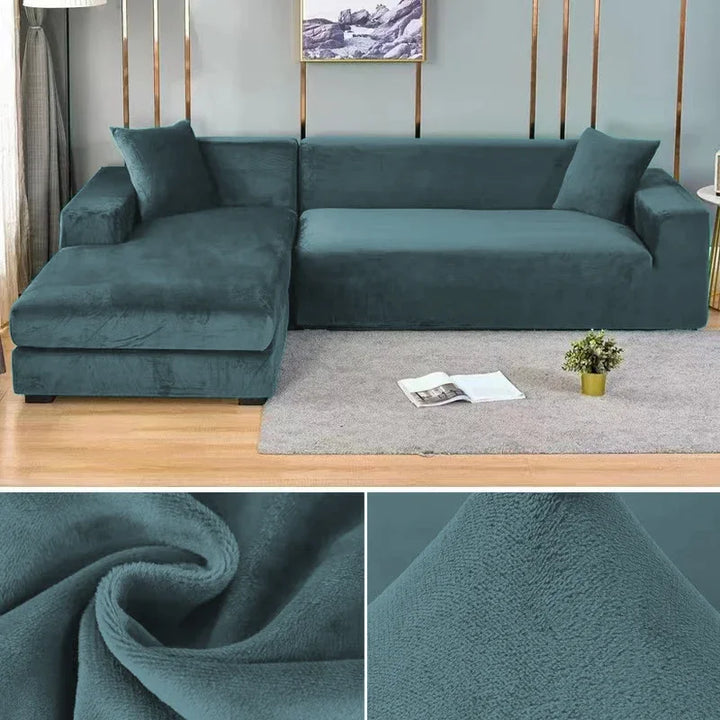 Luxuriöser stretchbarer Samt Sofabezug in Dunkelblau, flexibel für verschiedene Sofagrößen, elegant und schützend.