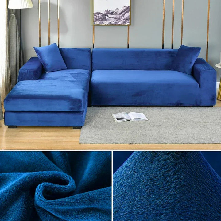 Luxuriöser stretchbarer Samt Sofabezug in Dunkelblau, flexibel für verschiedene Sofagrößen, elegant und schützend.