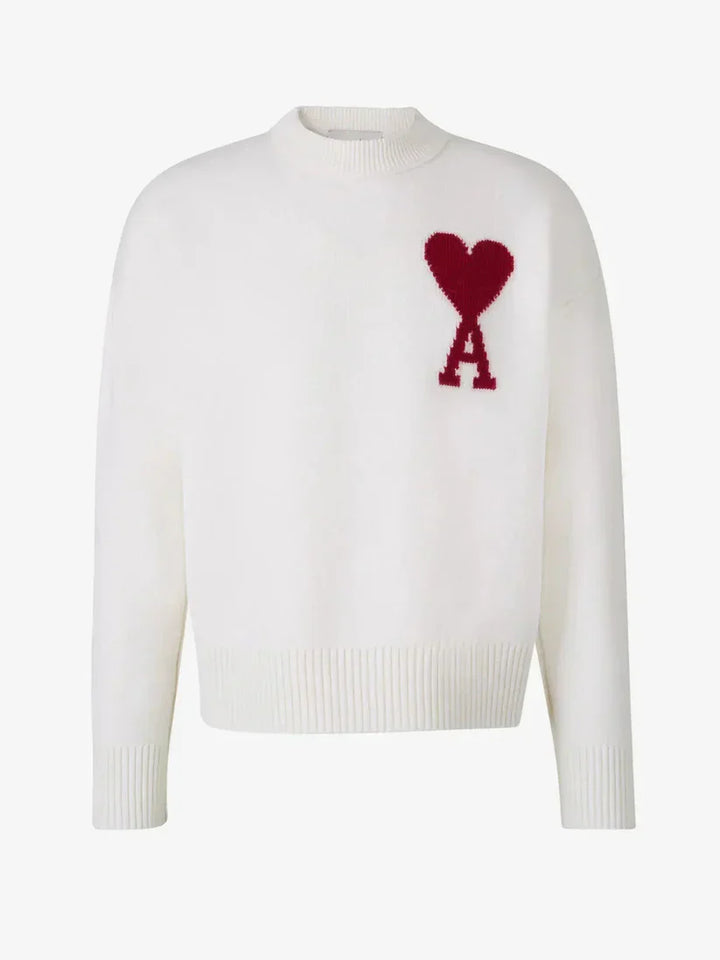 Luxus Unisex-Pullover in Grau mit Herz-Design aus 100% Wolle, edel und komfortabel, zentral platziertes ikonisches Herz.