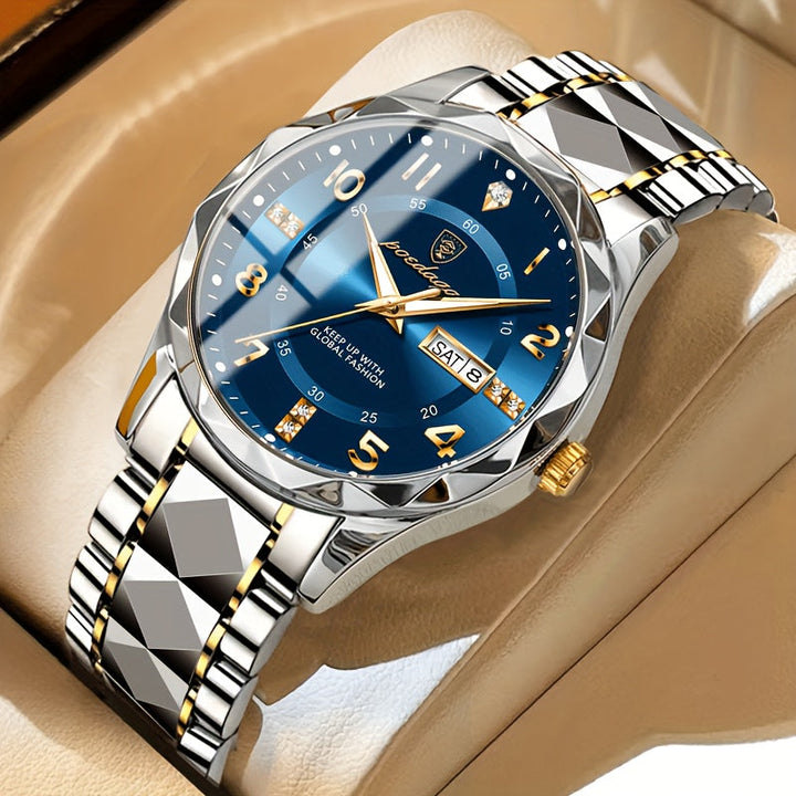 Luxus-Herrenuhr, Edelstahl, blaues Zifferblatt, goldene Akzente, Datumsanzeige, analog.