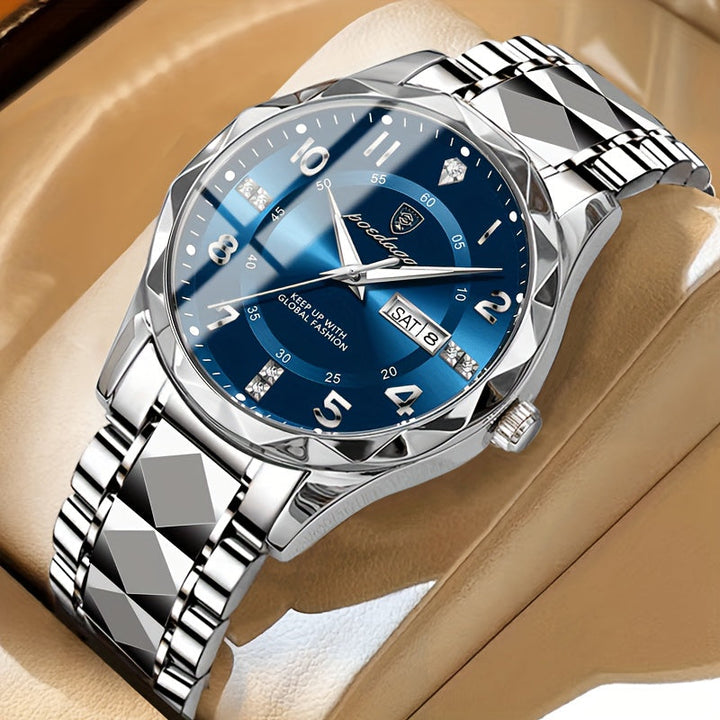 Luxus Herrenarmbanduhr, silbernes Edelstahlarmband, blaues Zifferblatt, Datumsanzeige.