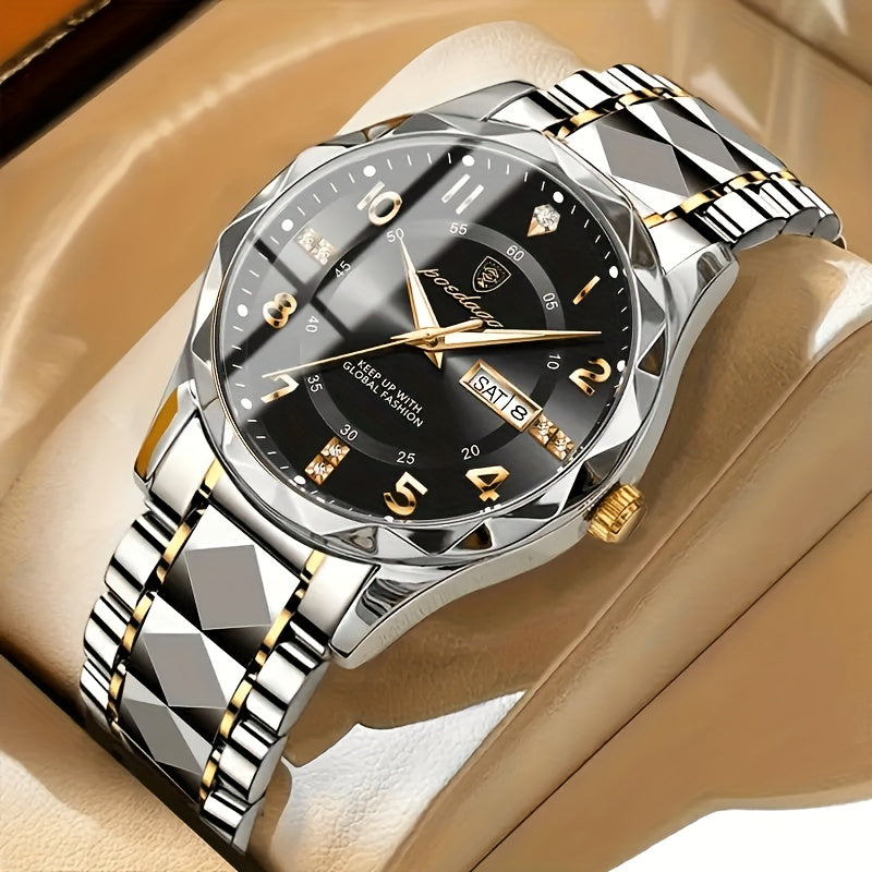 Luxus-Herrenuhr, Edelstahlarmband, schwarzes Zifferblatt, goldene Akzente, Datumsanzeige