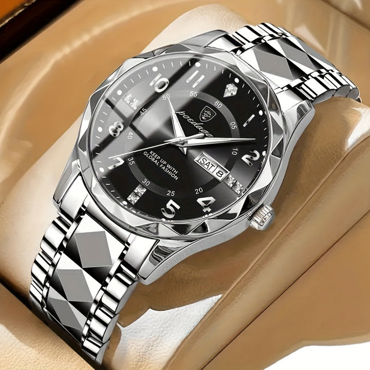 Luxus Herrenarmbanduhr, silbernes Edelstahlarmband, schwarzes Zifferblatt, Datumsanzeige.