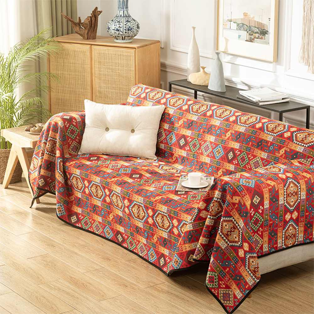 "Marokkanische Jacquard-Decke, buntes Muster, idealer Sofabezug, Wohnkultur, detailreiche Textur, stilvolles Design"
