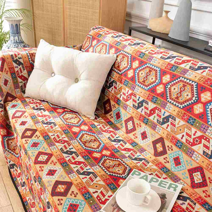 "Marokkanische Jacquard-Decke, buntes Muster, idealer Sofabezug, Wohnkultur, detailreiche Textur, stilvolles Design"