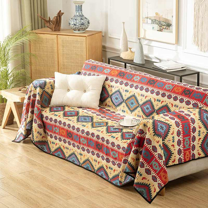 "Marokkanische Jacquard-Decke, buntes Muster, idealer Sofabezug, Wohnkultur, detailreiche Textur, stilvolles Design"