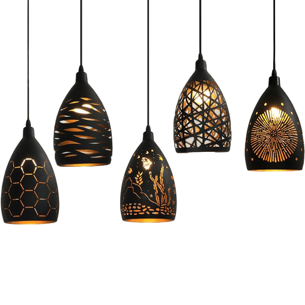 "Metallpendelleuchte im Vintage-Design, schwarz, mit gemustertem Schirm, LED-kompatibel, verstellbare Hängelänge"