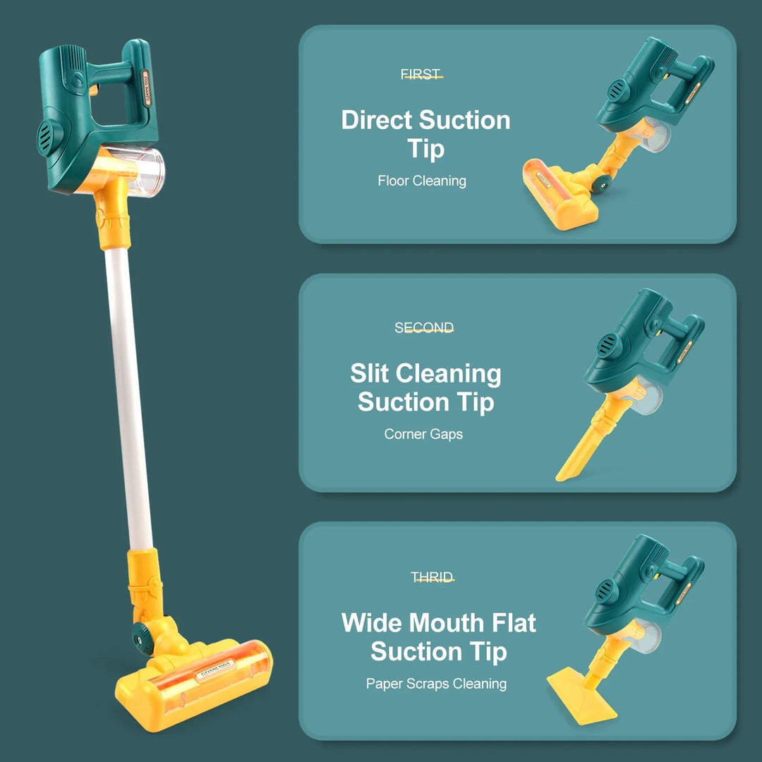 "Mini-Staubsauger-Spielzeug in Blau-Weiß, handlich für kleine Kinder, fördert Kreativität und motorische Fähigkeiten."