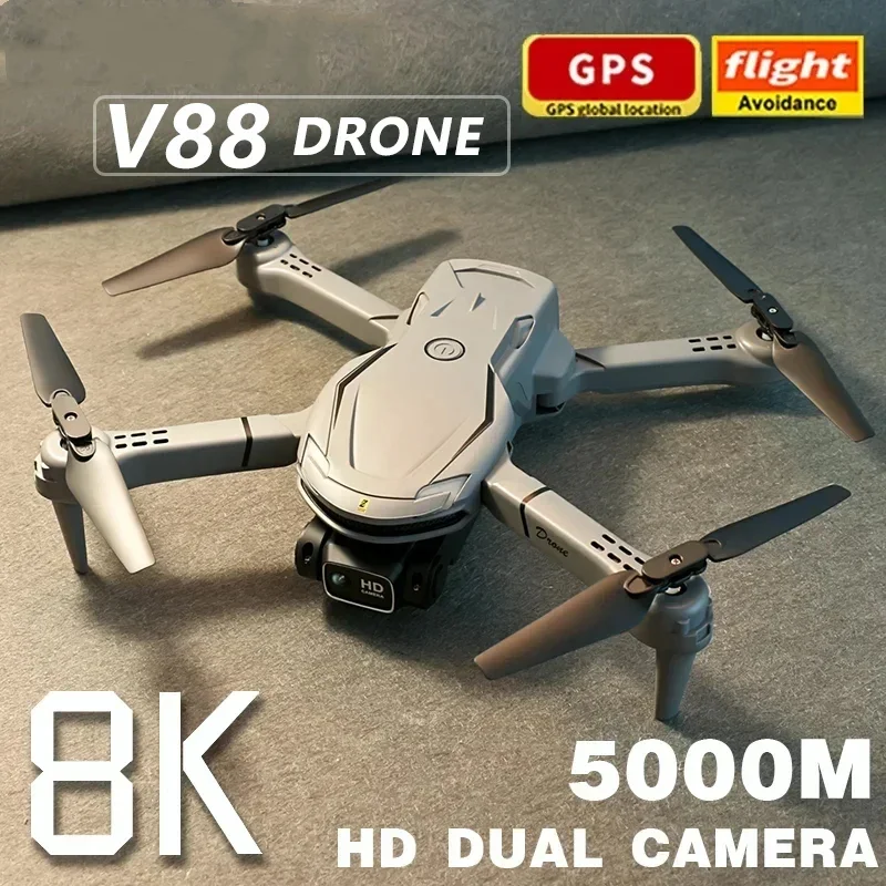 "Mini V88 Drone 8K HD Frontansicht mit GPS; kompakte schwarz-silberne Drone für atemberaubende Luftaufnahmen."