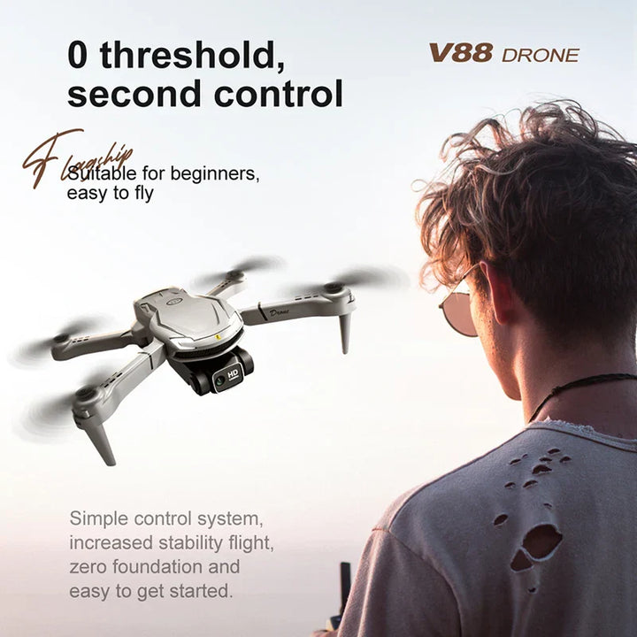 "Mini V88 Drone 8K HD Frontansicht mit GPS; kompakte schwarz-silberne Drone für atemberaubende Luftaufnahmen."