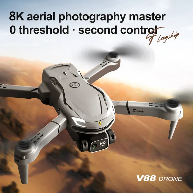 "Mini V88 Drone 8K HD Frontansicht mit GPS; kompakte schwarz-silberne Drone für atemberaubende Luftaufnahmen."