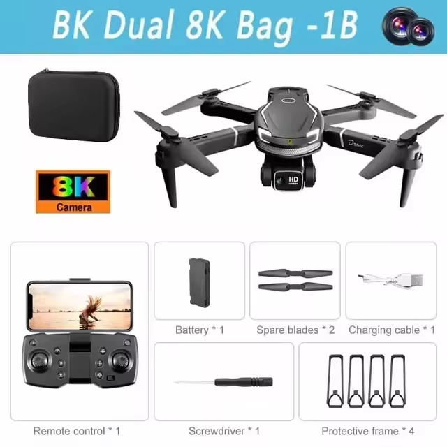 "Mini V88 Drone 8K HD Frontansicht mit GPS; kompakte schwarz-silberne Drone für atemberaubende Luftaufnahmen."