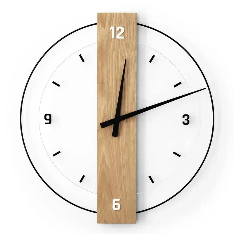 "Minimalistische geräuschlose Wanduhr aus Eichenholz mit weißem Zifferblatt und Plexiglas-Akzenten für stilvolles Wohnen"