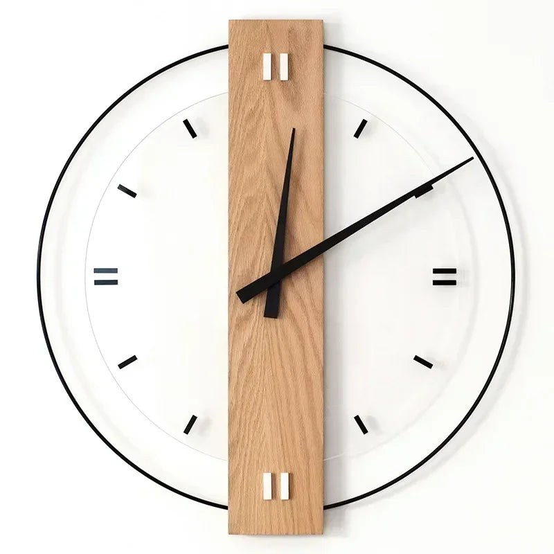 "Minimalistische geräuschlose Wanduhr aus Eichenholz mit weißem Zifferblatt und Plexiglas-Akzenten für stilvolles Wohnen"