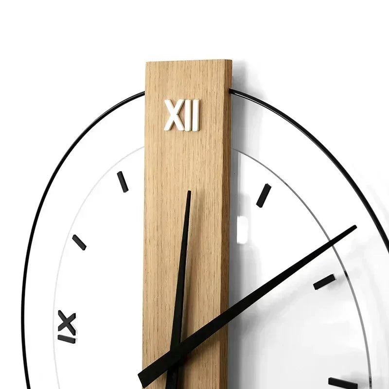 "Minimalistische geräuschlose Wanduhr aus Eichenholz mit weißem Zifferblatt und Plexiglas-Akzenten für stilvolles Wohnen"