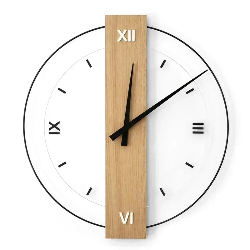 "Minimalistische geräuschlose Wanduhr aus Eichenholz mit weißem Zifferblatt und Plexiglas-Akzenten für stilvolles Wohnen"