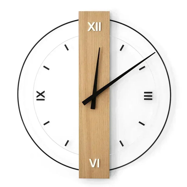 "Minimalistische geräuschlose Wanduhr aus Eichenholz mit weißem Zifferblatt und Plexiglas-Akzenten für stilvolles Wohnen"