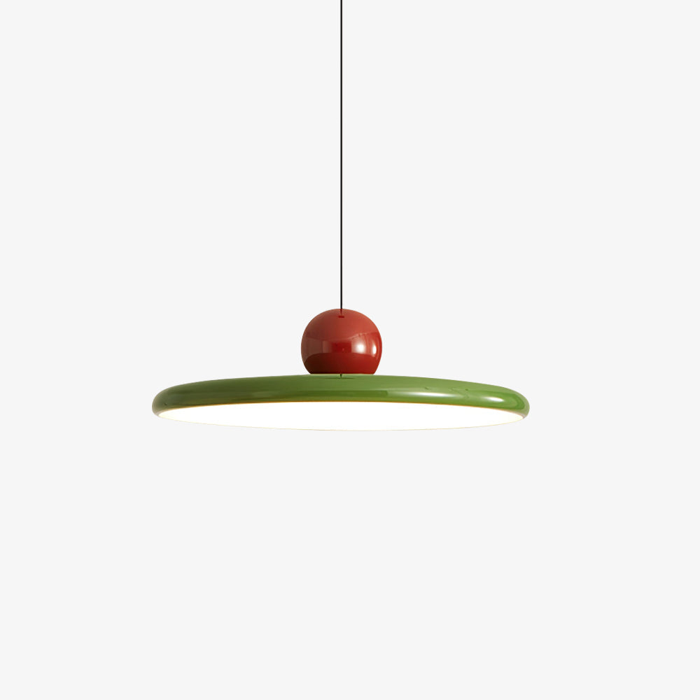 "Moderne Hängelampe mit glänzender Oberfläche, minimalistisches Design, in Rot-Beige, Rot-Grün, Rot-Rot Farbtönen."