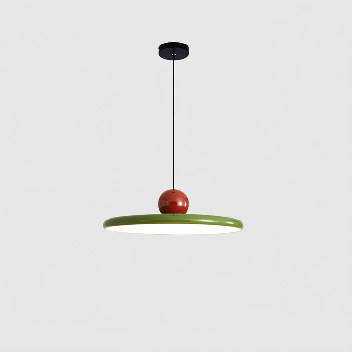 "Moderne Hängelampe mit glänzender Oberfläche, minimalistisches Design, in Rot-Beige, Rot-Grün, Rot-Rot Farbtönen."