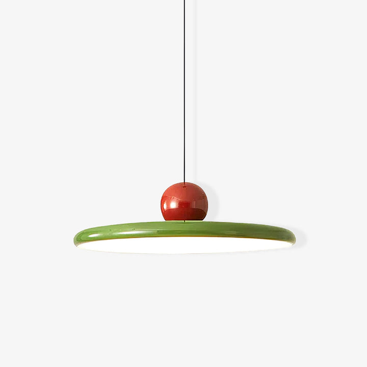 "Moderne Hängelampe mit glänzender Oberfläche, minimalistisches Design, in Rot-Beige, Rot-Grün, Rot-Rot Farbtönen."