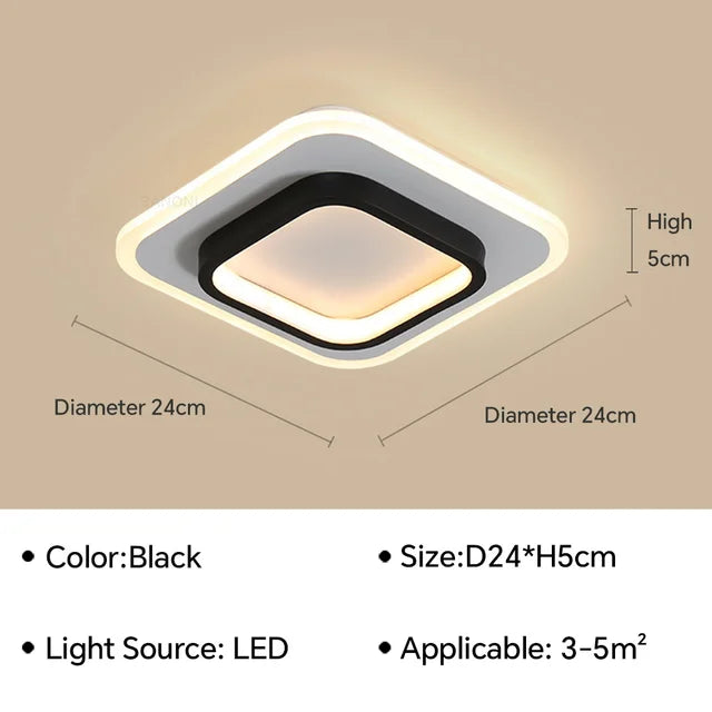 Moderne LED-Deckenleuchte mit minimalistischer, flacher Silhouette und eleganten Metall- und Glaselementen.