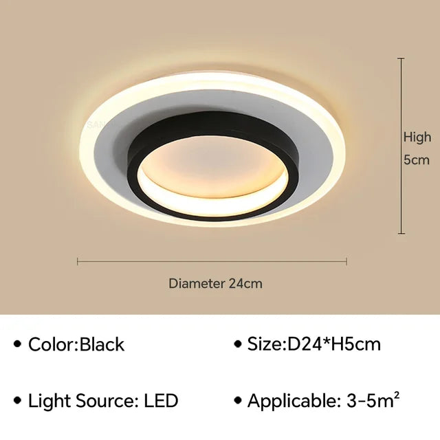 Moderne LED-Deckenleuchte mit minimalistischer, flacher Silhouette und eleganten Metall- und Glaselementen.
