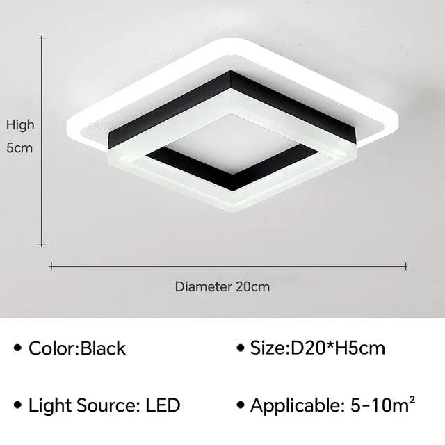 Moderne LED-Deckenleuchte mit minimalistischer, flacher Silhouette und eleganten Metall- und Glaselementen.
