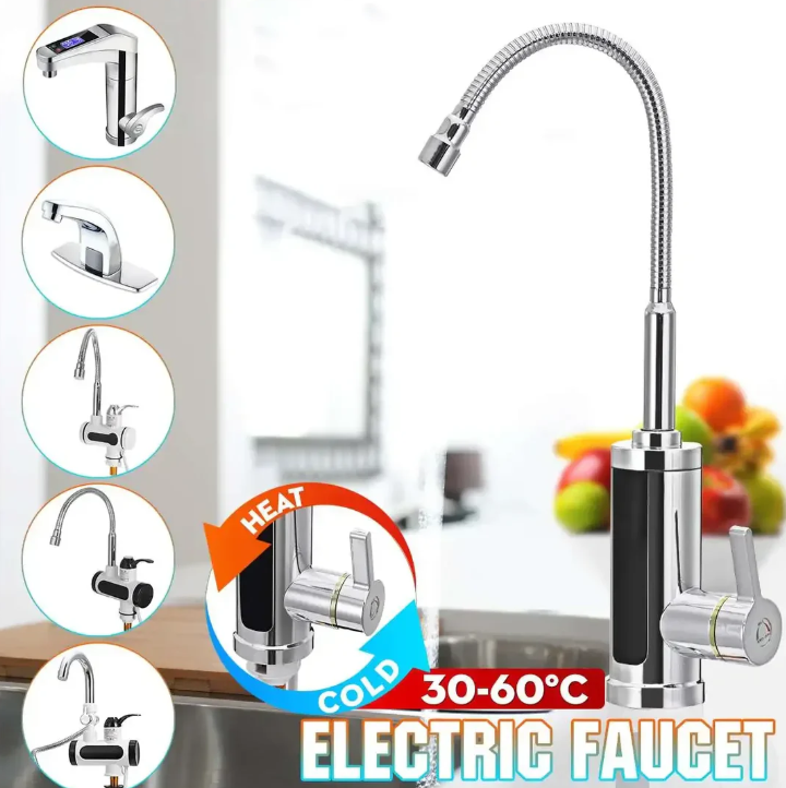 "Moderner 3000W elektrischer Warmwasserhahn für Küche, sofort heißes Wasser, elegantes Design, 360° schwenkbar."