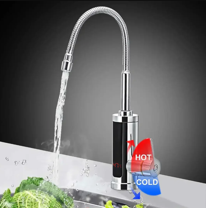 "Moderner 3000W elektrischer Warmwasserhahn für Küche, sofort heißes Wasser, elegantes Design, 360° schwenkbar."