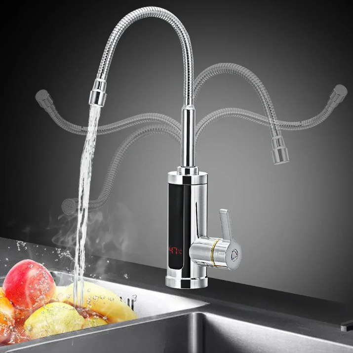 "Moderner 3000W elektrischer Warmwasserhahn für Küche, sofort heißes Wasser, elegantes Design, 360° schwenkbar."