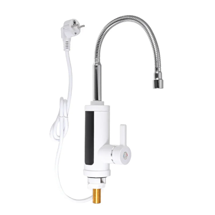"Moderner 3000W elektrischer Warmwasserhahn für Küche, sofort heißes Wasser, elegantes Design, 360° schwenkbar."