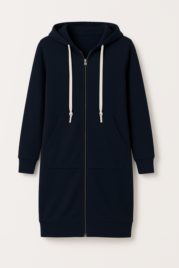 Moderner knielanger Damen-Hoodie mit langer Passform, erhältlich in Blau, Dunkelblau, Grau, Grün und Schwarz.
