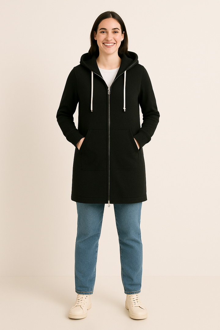 Moderner knielanger Damen-Hoodie mit langer Passform, erhältlich in Blau, Dunkelblau, Grau, Grün und Schwarz.