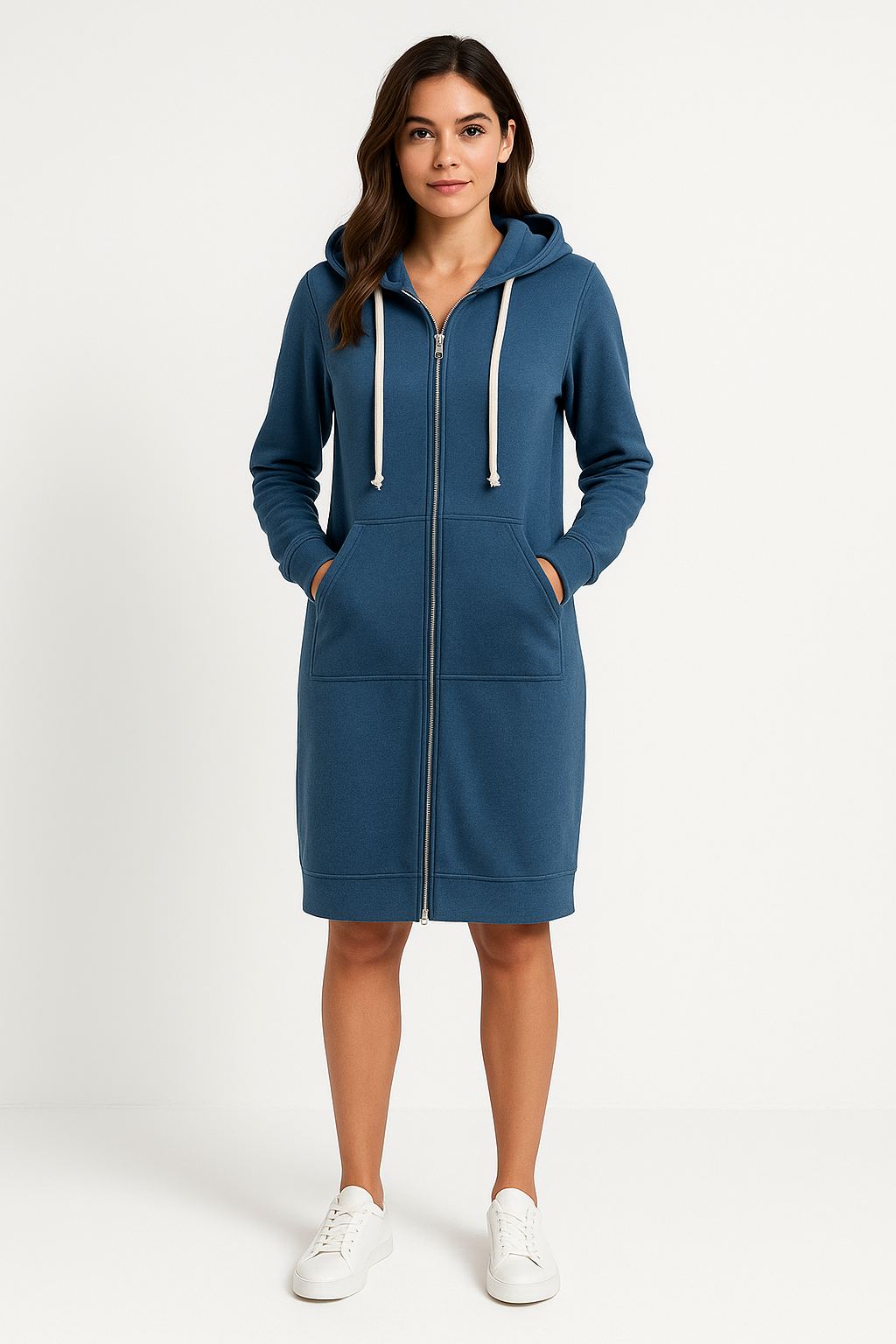 Moderner knielanger Damen-Hoodie mit langer Passform, erhältlich in Blau, Dunkelblau, Grau, Grün und Schwarz.