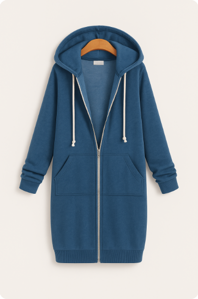 Moderner knielanger Damen-Hoodie mit langer Passform, erhältlich in Blau, Dunkelblau, Grau, Grün und Schwarz.
