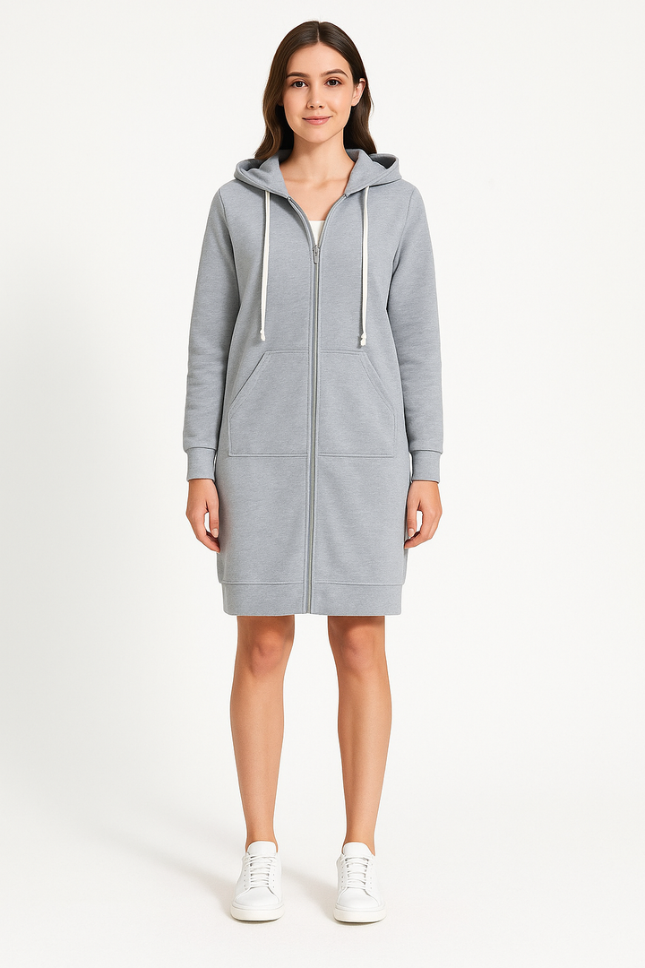 Moderner knielanger Damen-Hoodie mit langer Passform, erhältlich in Blau, Dunkelblau, Grau, Grün und Schwarz.