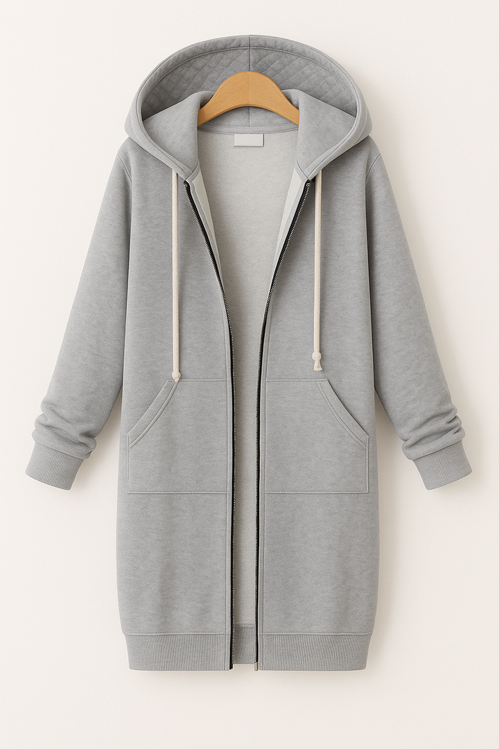 Moderner knielanger Damen-Hoodie mit langer Passform, erhältlich in Blau, Dunkelblau, Grau, Grün und Schwarz.