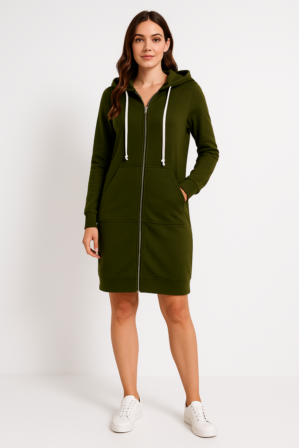 Moderner knielanger Damen-Hoodie mit langer Passform, erhältlich in Blau, Dunkelblau, Grau, Grün und Schwarz.