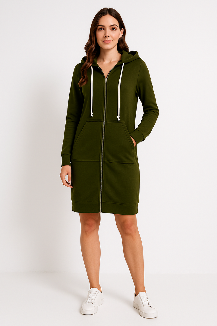 Moderner knielanger Damen-Hoodie mit langer Passform, erhältlich in Blau, Dunkelblau, Grau, Grün und Schwarz.