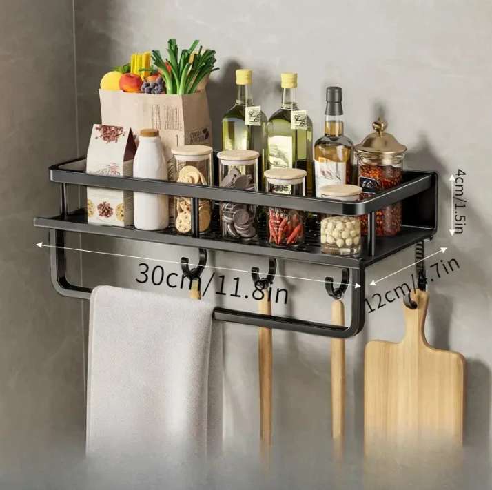 "Modernes schwarzes Küchenregal, platzsparend, stilvoll mit minimalistisch schwarzem Design und robuster Metallkonstruktion."
