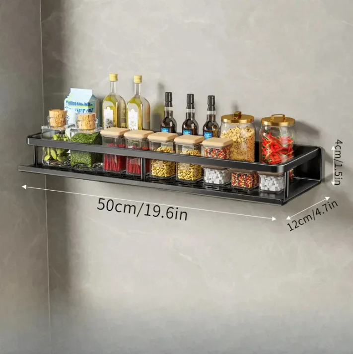"Modernes schwarzes Küchenregal, platzsparend, stilvoll mit minimalistisch schwarzem Design und robuster Metallkonstruktion."