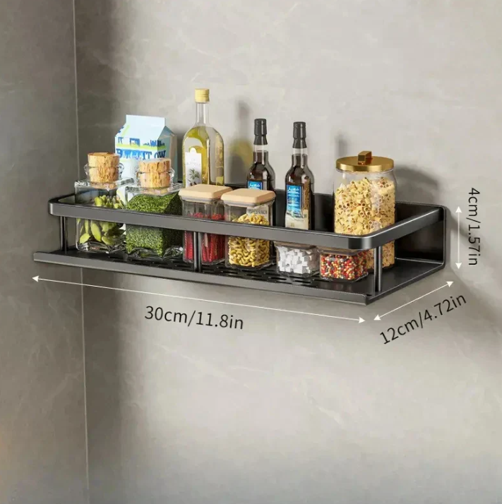 "Modernes schwarzes Küchenregal, platzsparend, stilvoll mit minimalistisch schwarzem Design und robuster Metallkonstruktion."