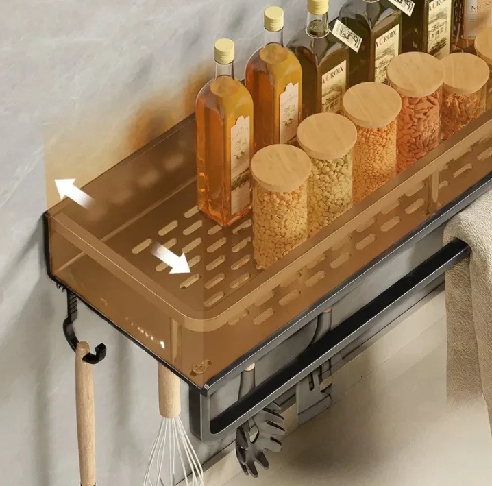 "Modernes schwarzes Küchenregal, platzsparend, stilvoll mit minimalistisch schwarzem Design und robuster Metallkonstruktion."