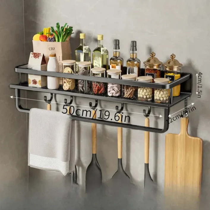 "Modernes schwarzes Küchenregal, platzsparend, stilvoll mit minimalistisch schwarzem Design und robuster Metallkonstruktion."