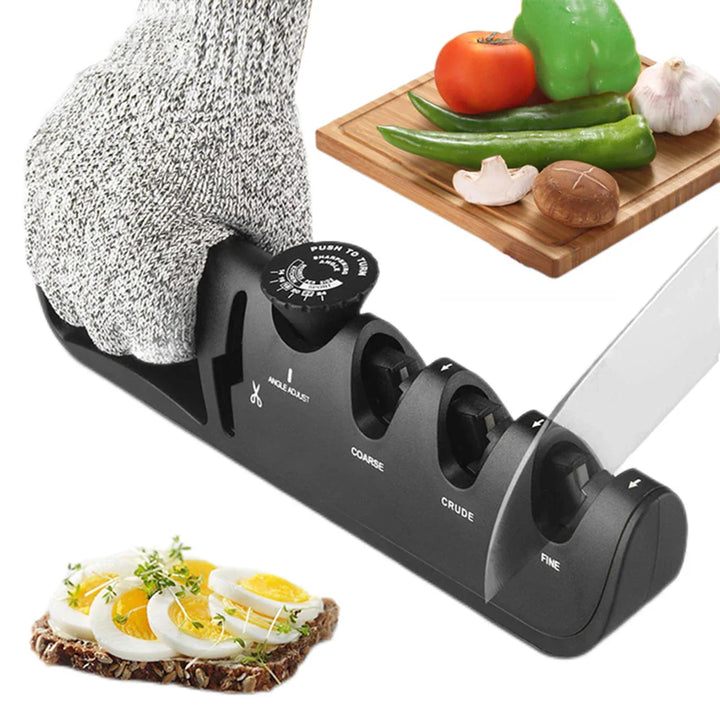 Multifunktionaler 4-in-1 Messerschärfer mit rutschfestem Griff, 4 Schleifstufen, in Rot, Schwarz oder Weiß, perfekt für Küche