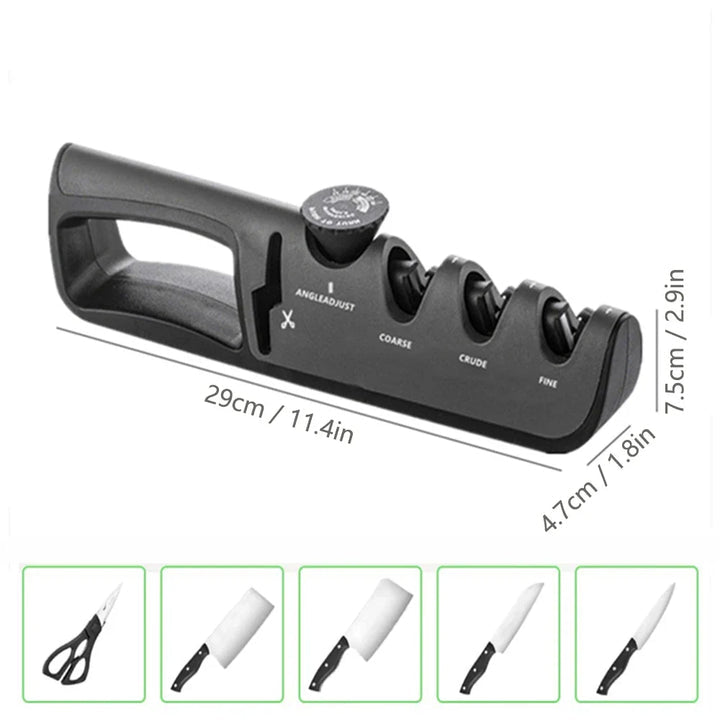 Multifunktionaler 4-in-1 Messerschärfer mit rutschfestem Griff, 4 Schleifstufen, in Rot, Schwarz oder Weiß, perfekt für Küche