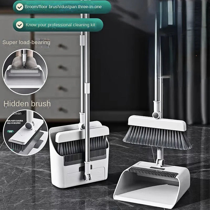 "Multifunktionales 3-in-1 Besen-Set mit Kehrblech, ergonomischem Griff und selbstreinigender Bürste, kompakt und effizient."