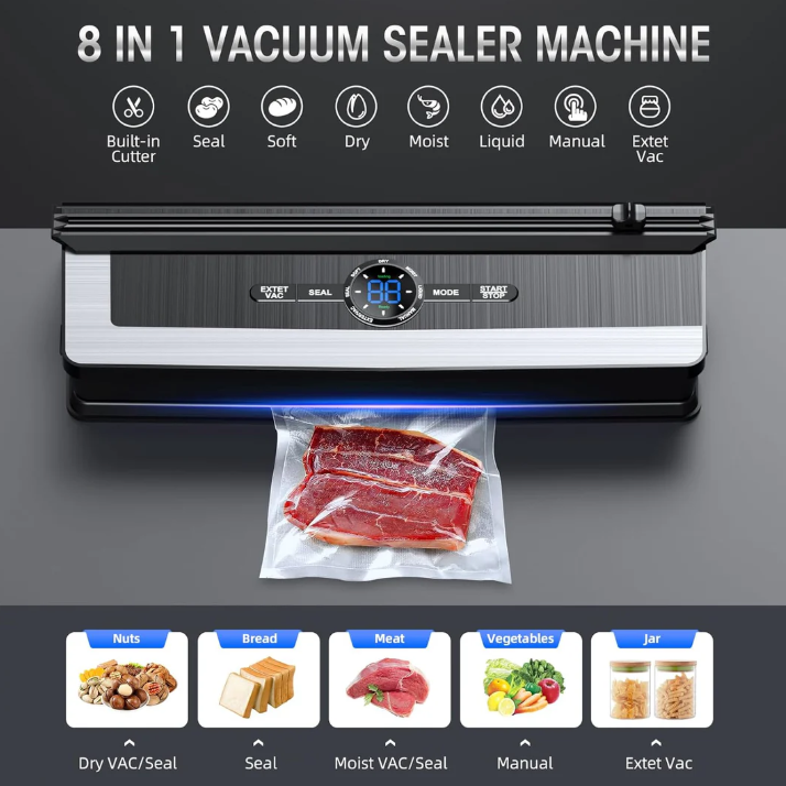 "Multifunktionales 8-in-1 Vakuumiergerät mit Folienschneider, kompaktes Design, ideal für Frische und lange Haltbarkeit."