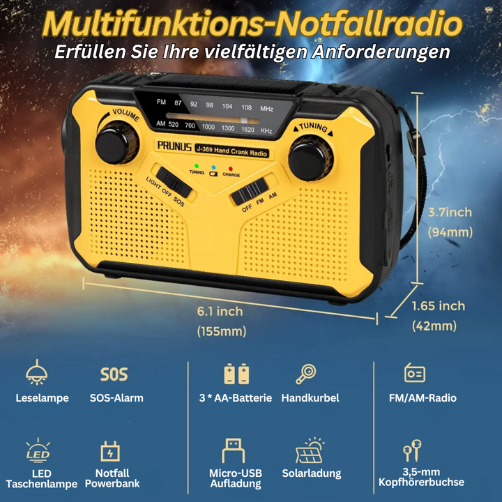 "Multifunktionales Notfallradio mit Taschenlampe, Powerbank und SOS-Alarm in kompaktem Design für Outdoor-Abenteuer."